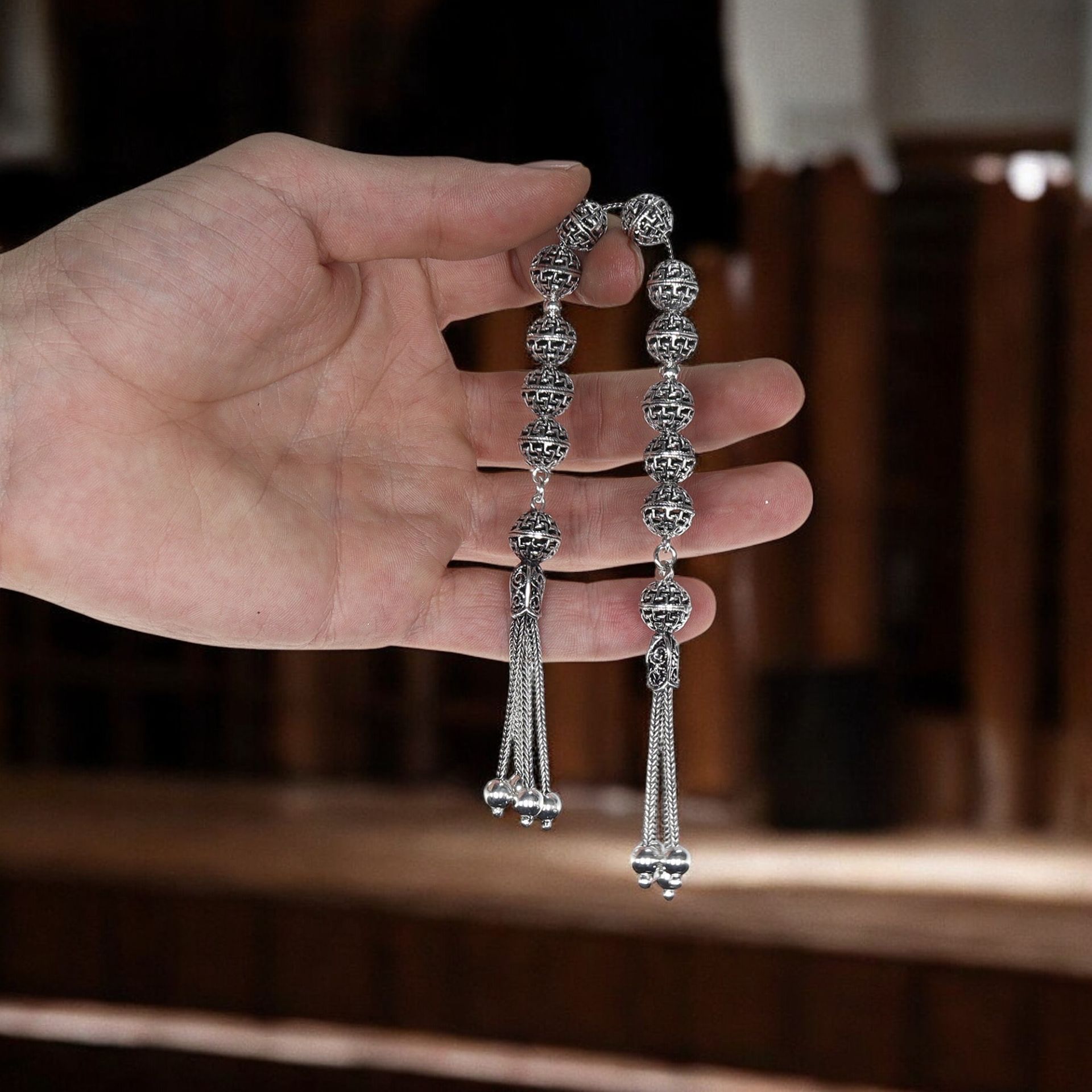 Zaza Model  Telkari İşlemeli 925 Ayar Gümüş Tesbih