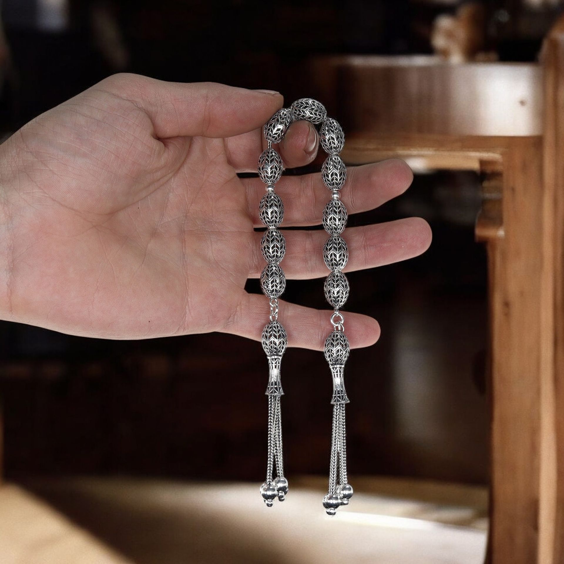 Zaza Model  Telkari İşlemeli Arpa Kesim 925 Ayar Gümüş Tesbih