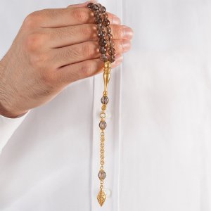 Kristal Kesim  Altın Kaplama Gümüş Püsküllü Kuvars Taşlı Tesbih