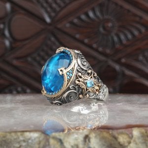 Rölyef Desenli Blue Topaz Taşlı 925 Ayar Gümüş Erkek Yüzük