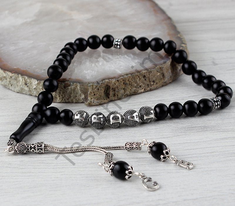 Gürcistan Oltu Taşı İsim Yazılı Özel Gümüş  Dizayn Tesbih