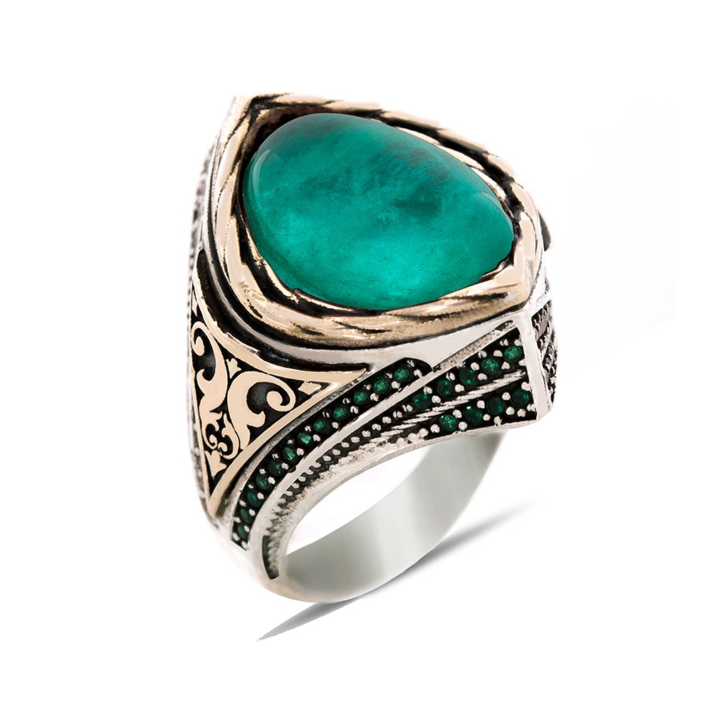 Paraiba Taşlı 925 Ayar Gümüş Erkek Yüzük