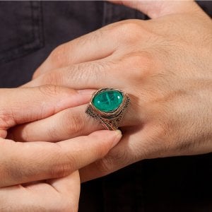 Paraiba Taşlı 925 Ayar Gümüş Erkek Yüzük
