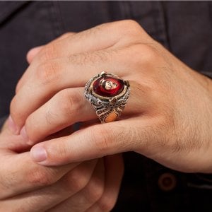 Ayyıldızlı Kehribar Taşlı 925 Ayar Gümüş Erkek Yüzük