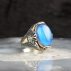 Mavi Paraiba Taşlı 925 Ayar Gümüş Erkek Yüzük