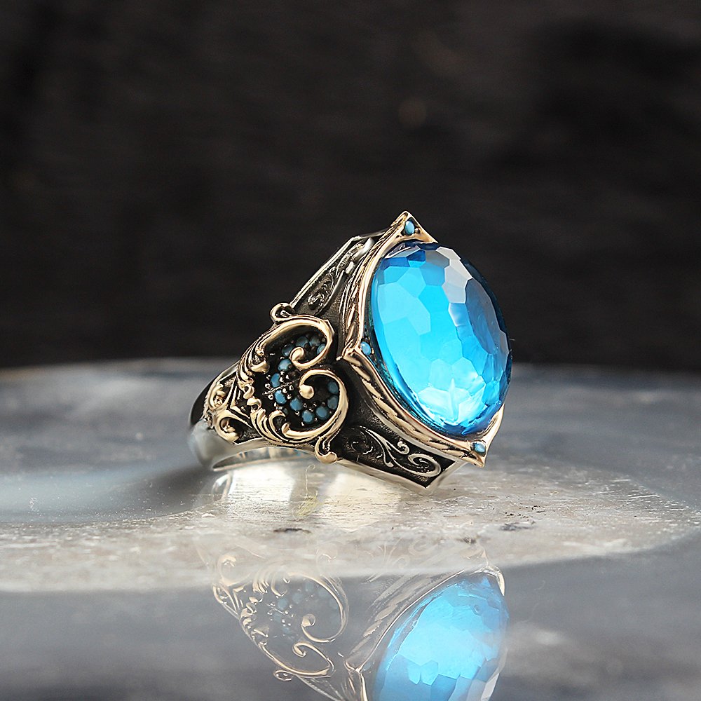 Kristal Kesim Blue Topaz Taşlı 925 Ayar Gümüş Erkek Yüzük