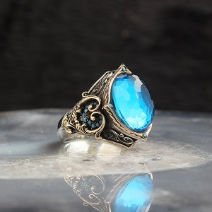 Kristal Kesim Blue Topaz Taşlı 925 Ayar Gümüş Erkek Yüzük