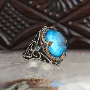 Kristal Kesim Blue Topaz Taşlı 925 Ayar Gümüş Erkek Yüzük