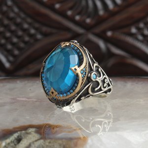 Kristal Kesim Blue Topaz Taşlı 925 Ayar Gümüş Erkek Yüzük