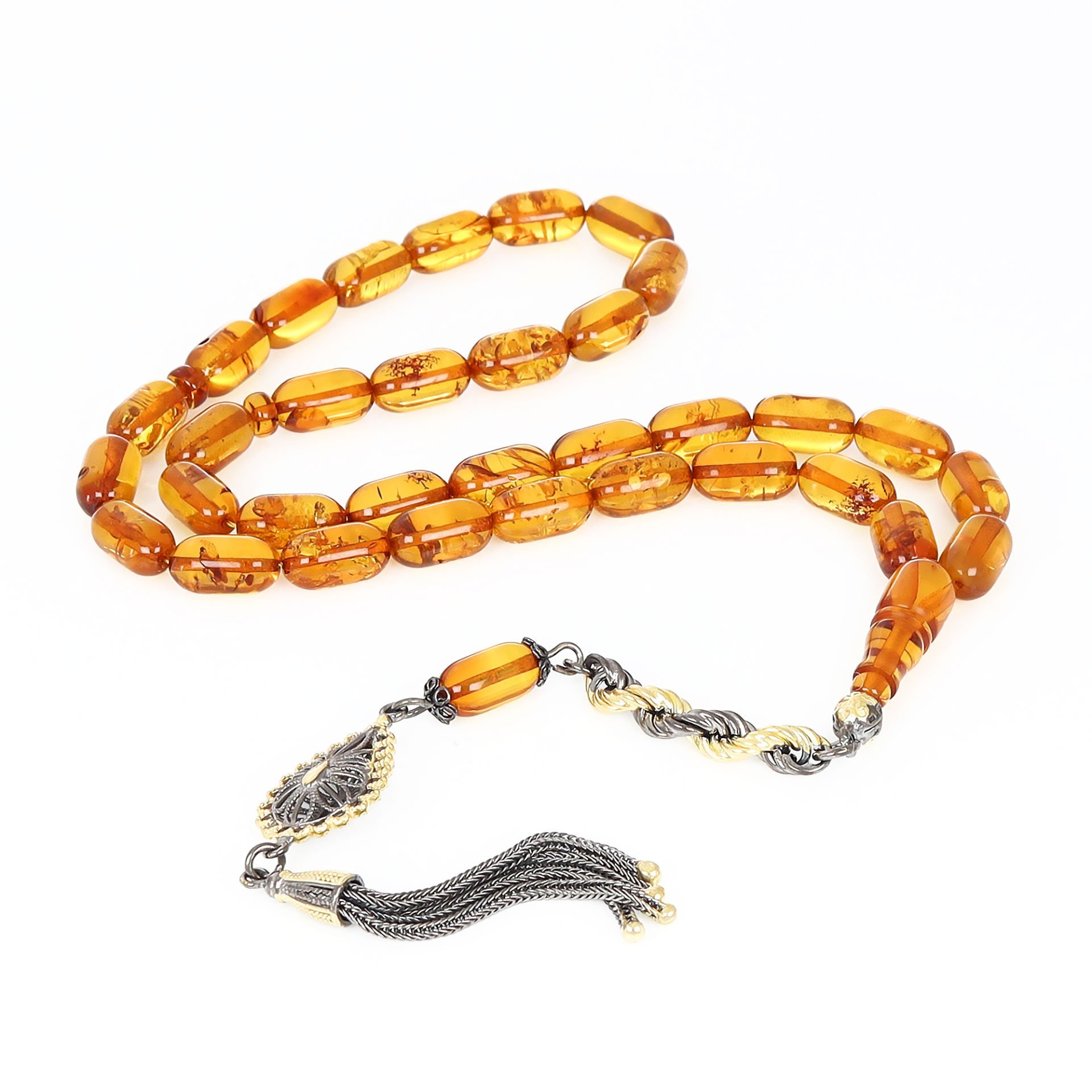 Gümüş Püsküllü Fosilli Doğal Damla Kehribar Tesbih