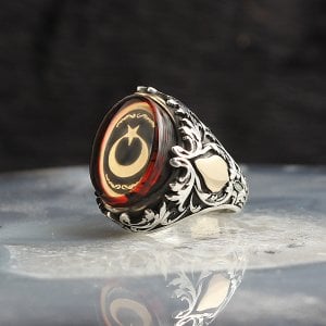 Ay yıldızlı Kehribar Taşlı 925 Ayar Gümüş Erkek Yüzük