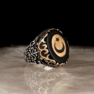 Ayyıldızlı Oniks Taşlı 925 Ayar Erkek Gümüş Yüzük