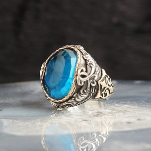Kristal Kesim Blue Topaz Taşlı 925 Ayar Gümüş Erkek Yüzük