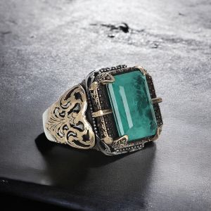 Kalem İşlemeli Paraiba Taşlı 925 Ayar Erkek Gümüş Yüzük