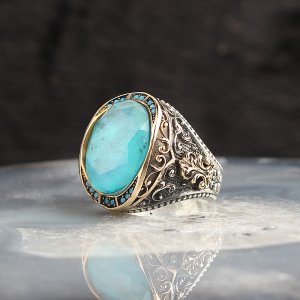 Paraiba Taşlı 925 Ayar Gümüş Erkek Yüzük
