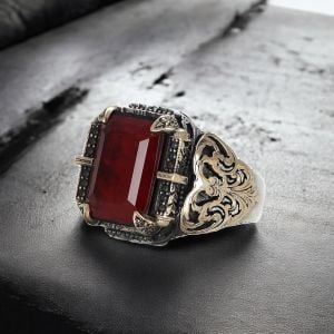 Kalem İşlemeli Paraiba Taşlı 925 Ayar Erkek Gümüş Yüzük