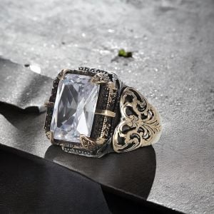 Kalem İşlemeli Zirkon  Taşlı 925 Ayar Erkek Gümüş Yüzük