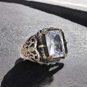 Kalem İşlemeli Zirkon  Taşlı 925 Ayar Erkek Gümüş Yüzük