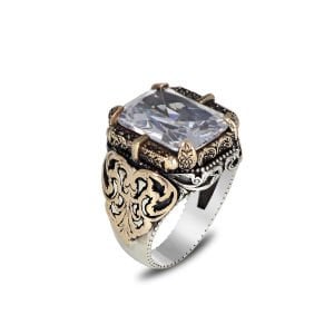 Kalem İşlemeli Zirkon  Taşlı 925 Ayar Erkek Gümüş Yüzük