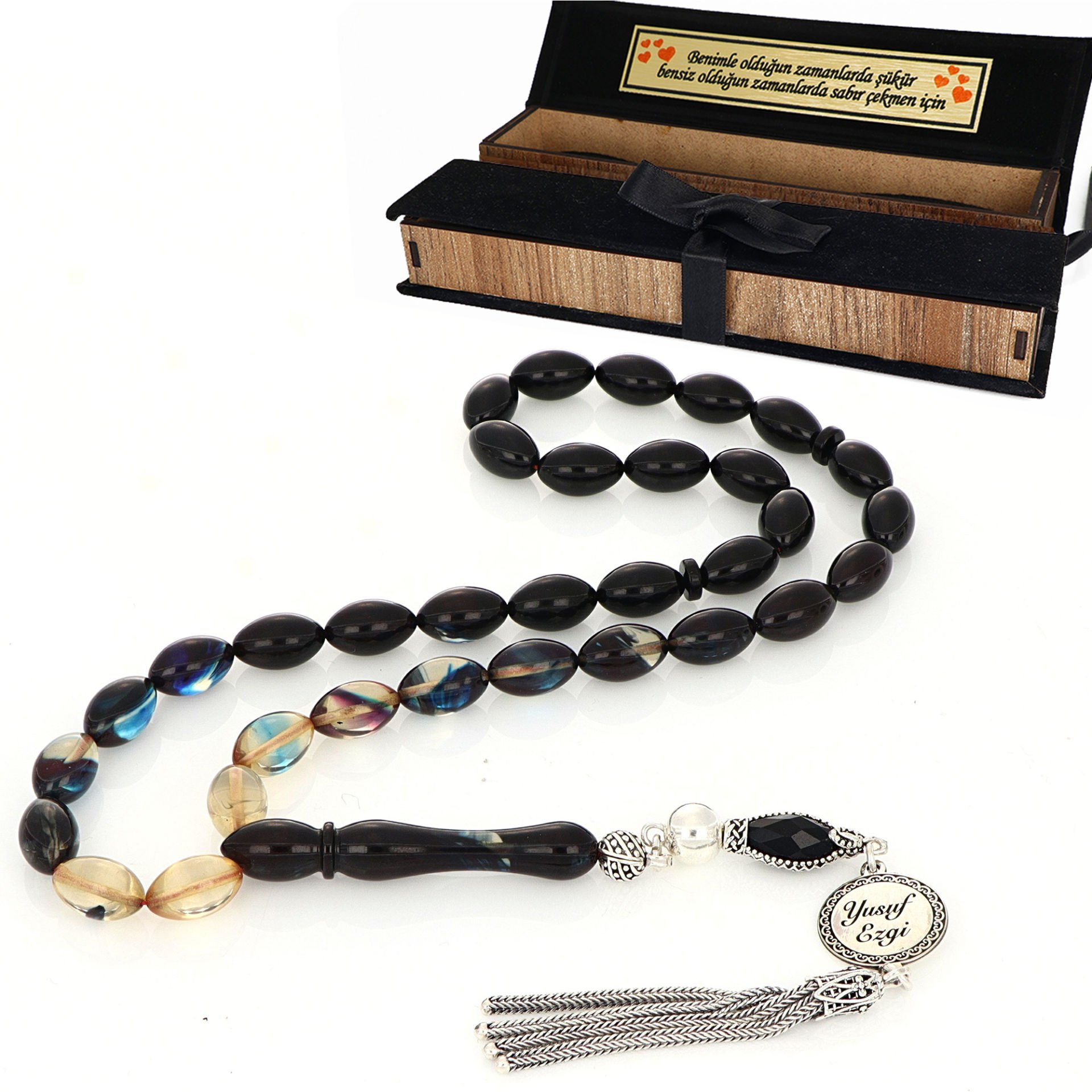 Kişiye Özel Gümüş Püsküllü İsimli  Kutulu Kehribar Tesbih