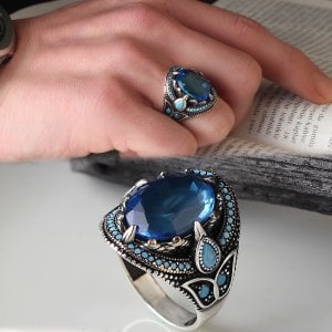 Blue Topaz Taşlı 925 Ayar Erkek Gümüş Yüzük