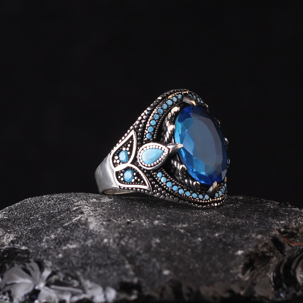 Blue Topaz Taşlı 925 Ayar Erkek Gümüş Yüzük