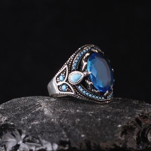Blue Topaz Taşlı 925 Ayar Erkek Gümüş Yüzük