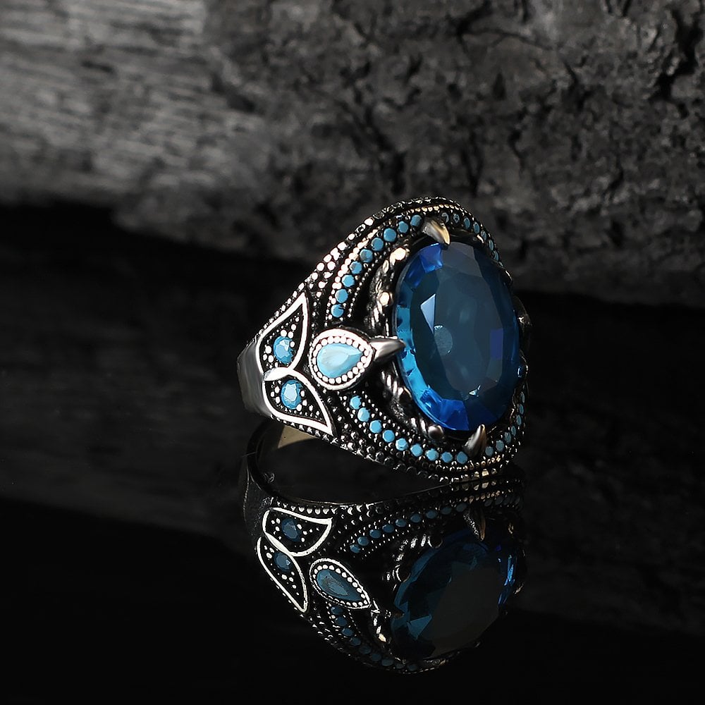 Blue Topaz Taşlı 925 Ayar Erkek Gümüş Yüzük