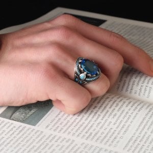 Blue Topaz Taşlı 925 Ayar Erkek Gümüş Yüzük