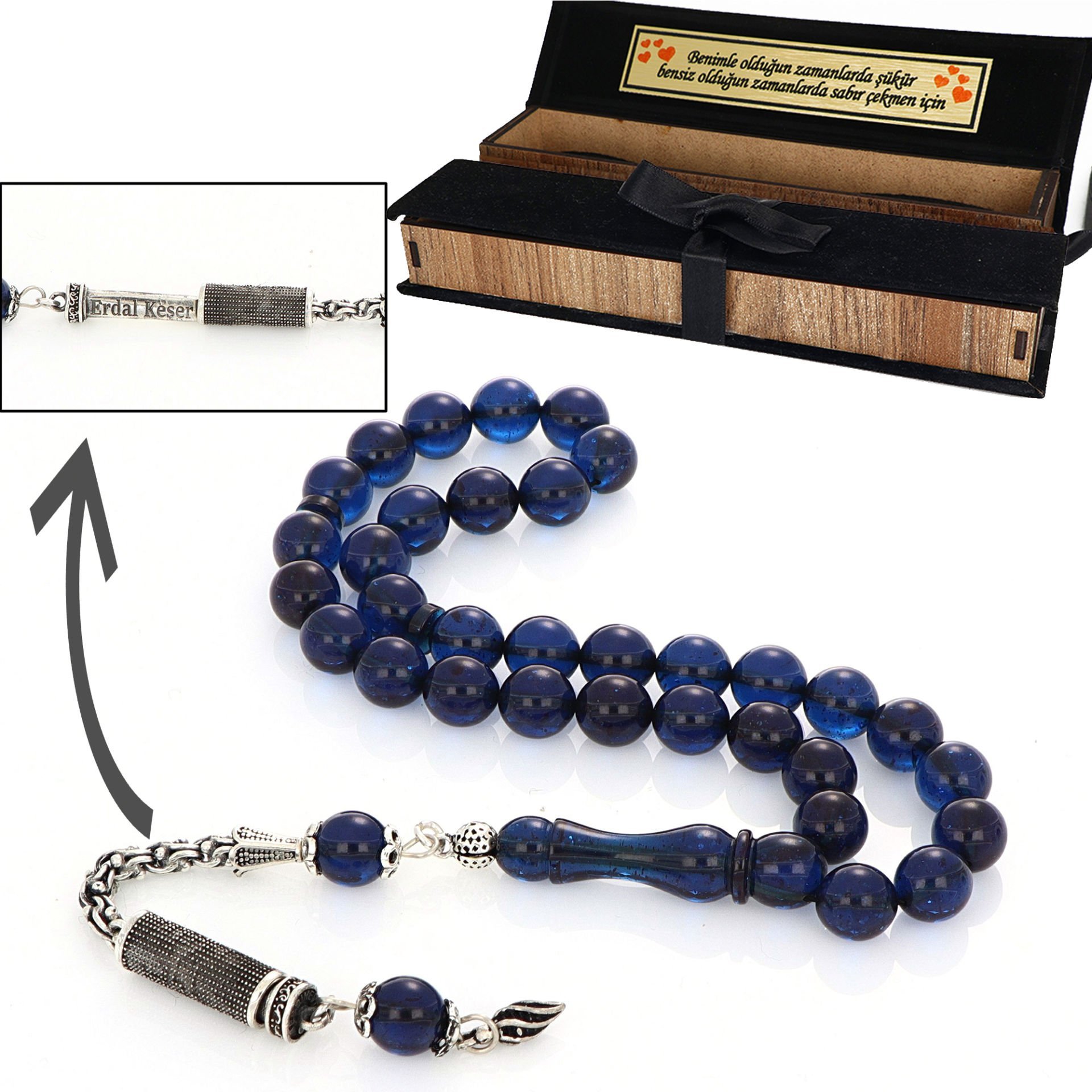 Gizli İsim Yazılı  Kutulu Kehribar Tesbih