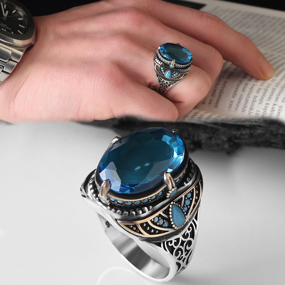 Blue Topaz Taşlı 925 Ayar Erkek Gümüş Yüzük