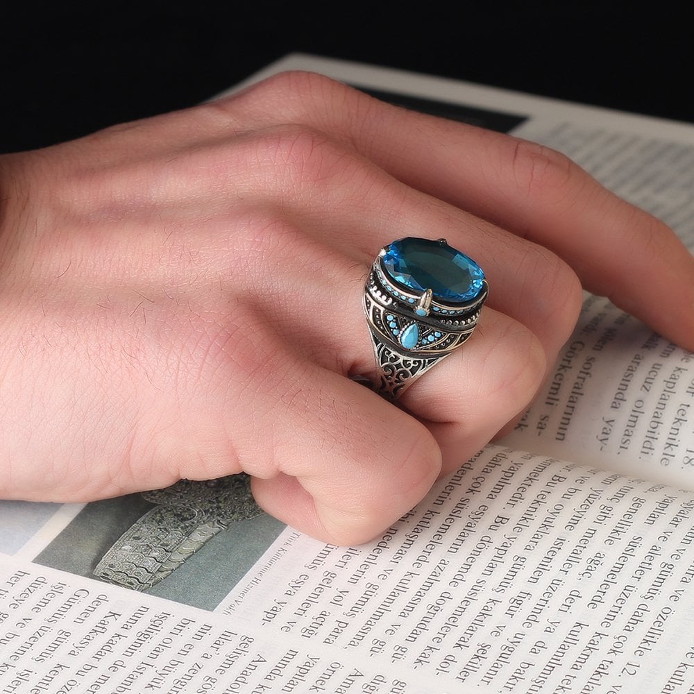 Blue Topaz Taşlı 925 Ayar Erkek Gümüş Yüzük
