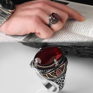 Kırmızı Zirkon Taşlı 925 Ayar Erkek Gümüş Yüzük