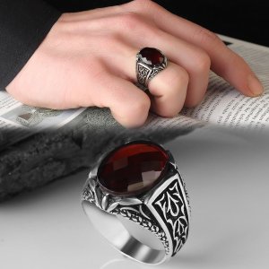 Kırmızı Zirkon Taşlı 925 Ayar Erkek Gümüş Yüzük