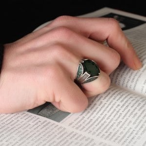 Yeşil Zirkon Taşlı 925 Ayar Erkek Gümüş Yüzük
