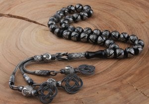 Yoğun Gümüş İşlemeli Kazaz Püsküllü Gürcistan Oltu Tesbih