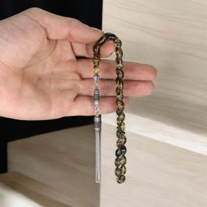 Gümüş Püsküllü Yoğun Fosilli Doğal Damla Kehribar Tesbih
