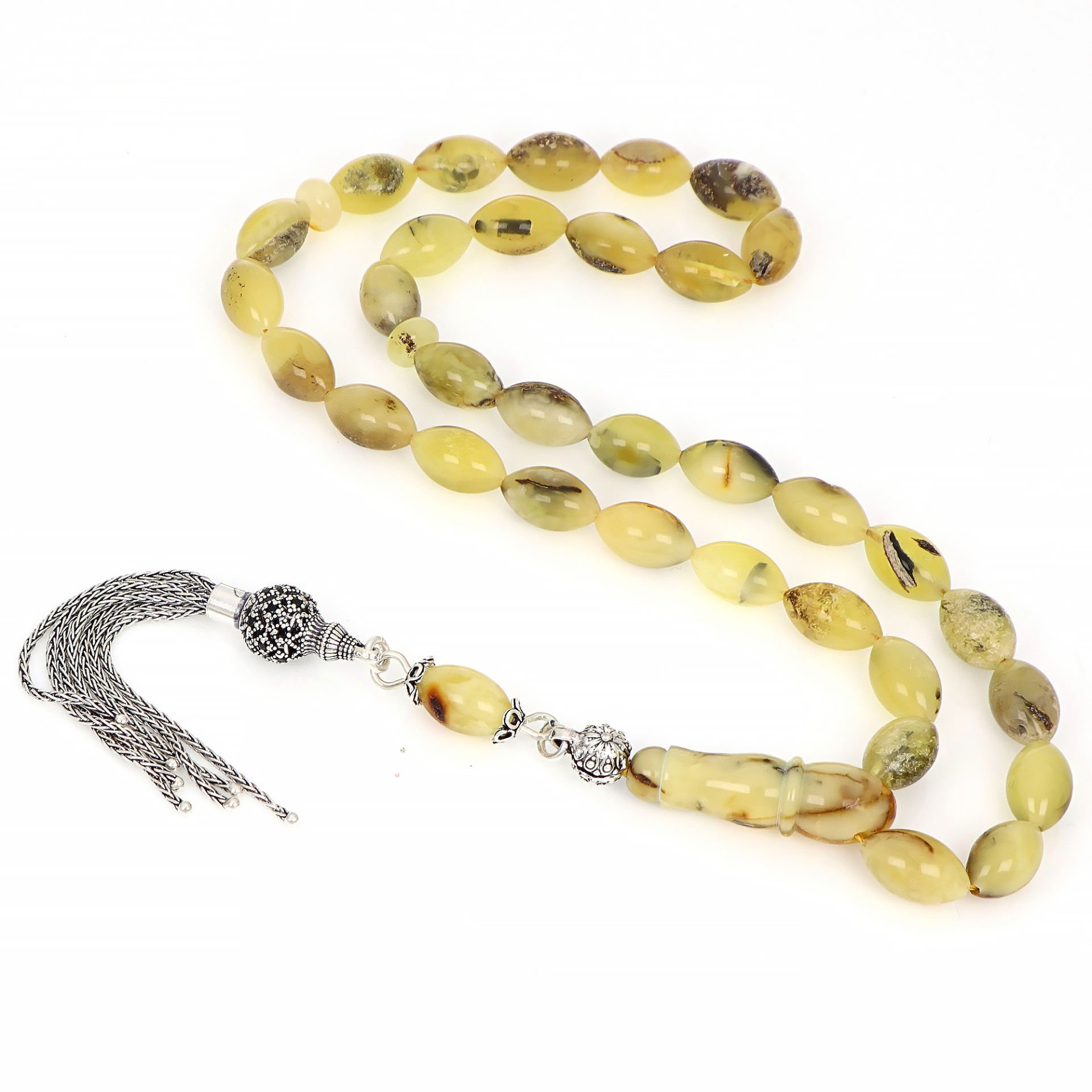 Gümüş Püsküllü Arpa Kesim Doğal Damla Kehribar Tesbih