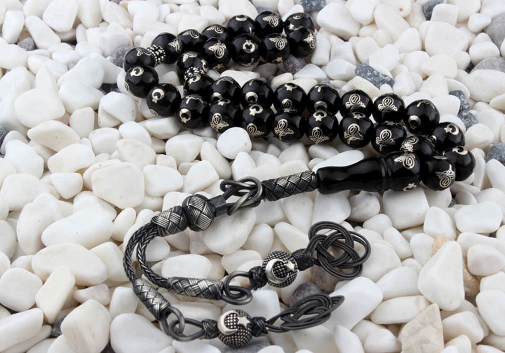 Gümüş Tuğra ve Ayyıldız İşleme Kazaz Püsküllü Gürcistan Oltu Tesbih