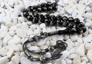 Gümüş Tuğra ve Ayyıldız İşleme Kazaz Püsküllü Gürcistan Oltu Tesbih