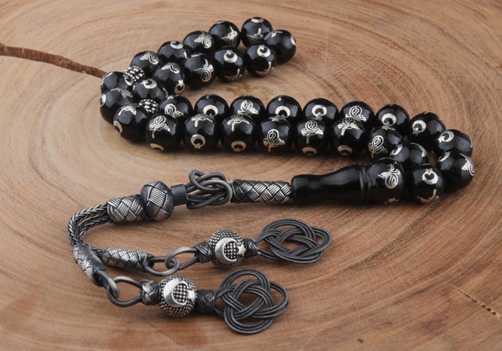 Gümüş Tuğra ve Ayyıldız İşleme Kazaz Püsküllü Gürcistan Oltu Tesbih