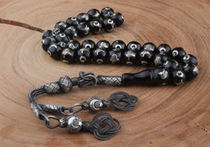 Gümüş Tuğra ve Ayyıldız İşleme Kazaz Püsküllü Gürcistan Oltu Tesbih