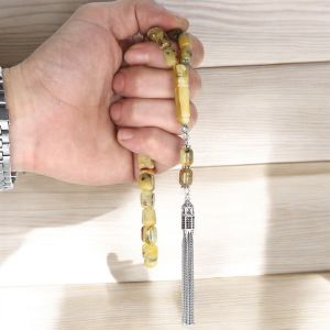 Gümüş Püsküllü Kapsül Kesim Fosilli  Damla Kehribar Tesbih