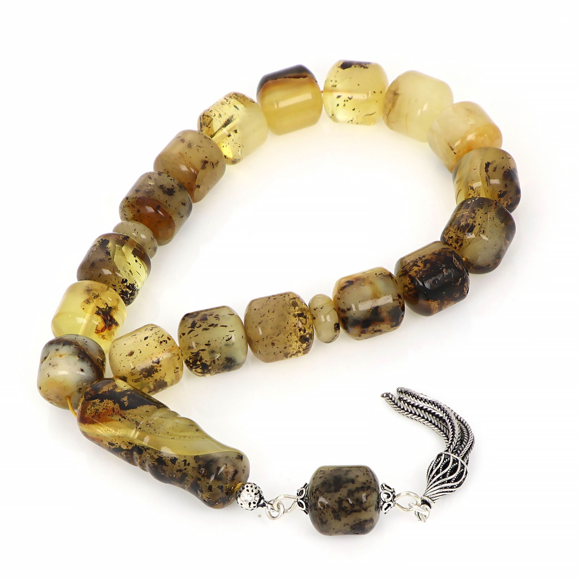 Gümüş Püsküllü Bilek Boy Fosilli Damla Kehribar Tesbih