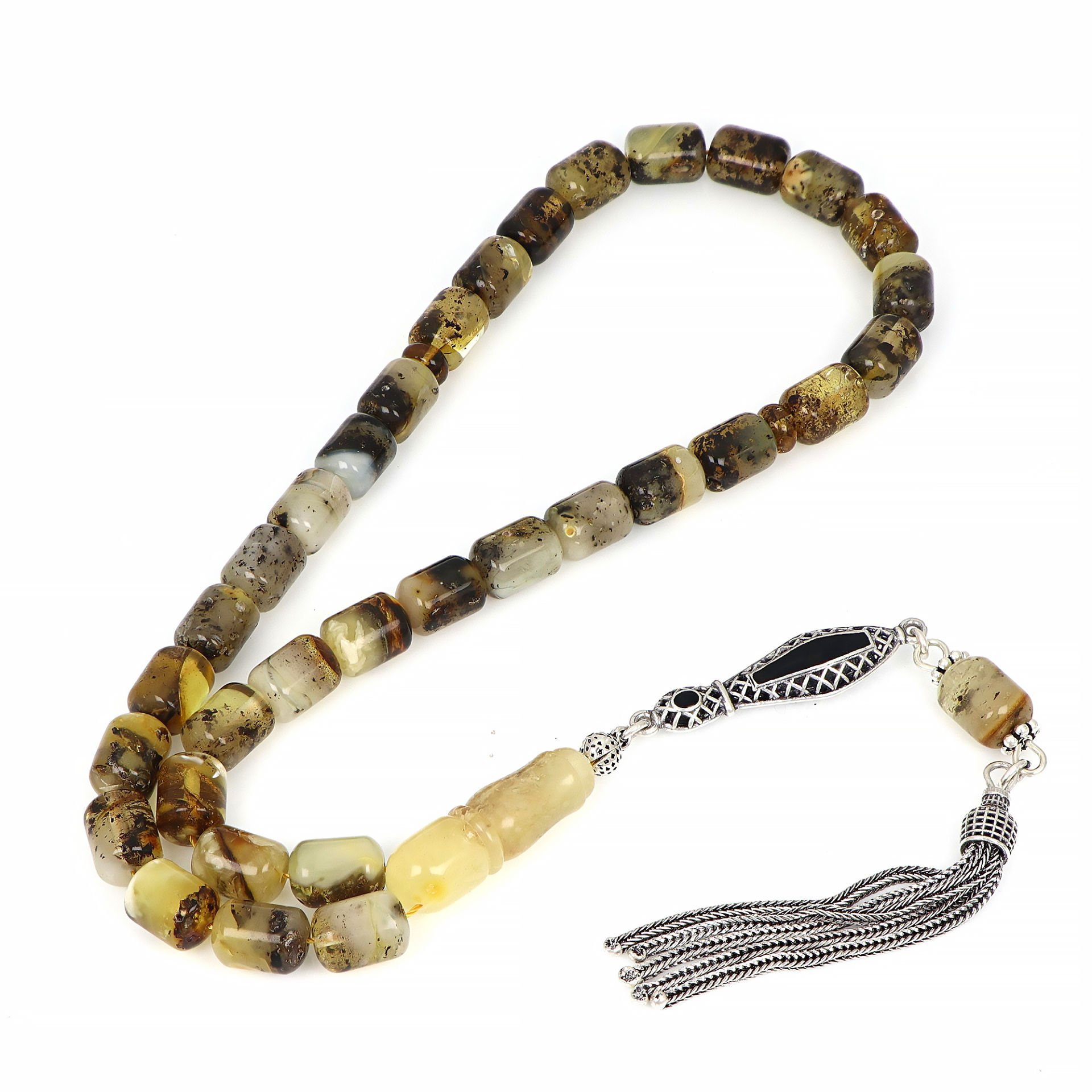 Kapsül Kesim Gümüş Püsküllü Yoğun Fosilli Damla Kehribar Tesbih