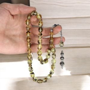 Arpa Kesim  Gümüş Püsküllü Yoğun Fosilli  Damla Kehribar Tesbih
