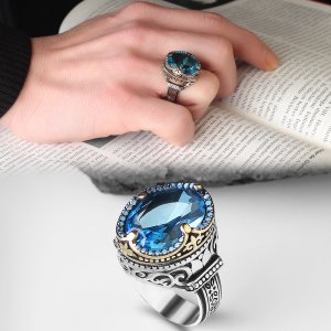 Blue Topaz Taşlı 925 Ayar Erkek Gümüş Yüzük