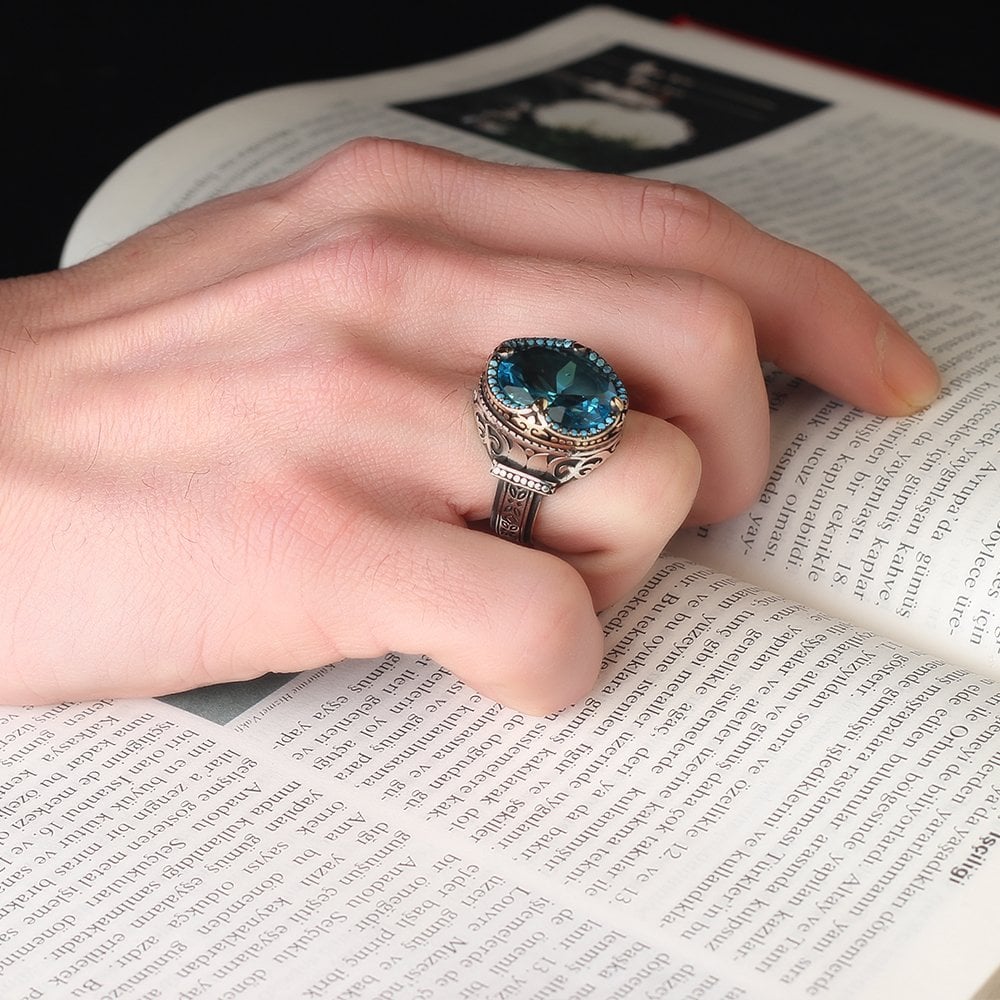 Blue Topaz Taşlı 925 Ayar Erkek Gümüş Yüzük