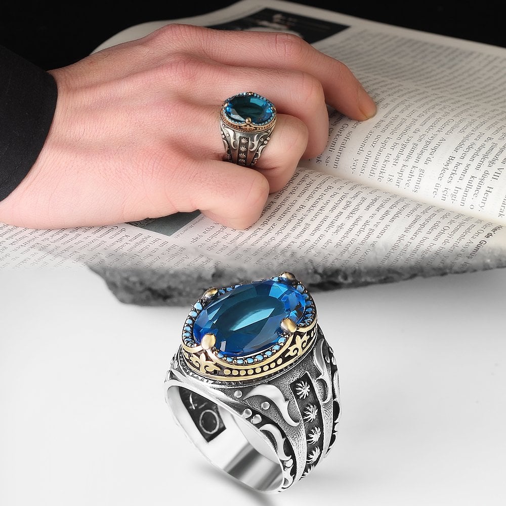 Blue Topaz Taşlı 925 Ayar Erkek Gümüş Yüzük