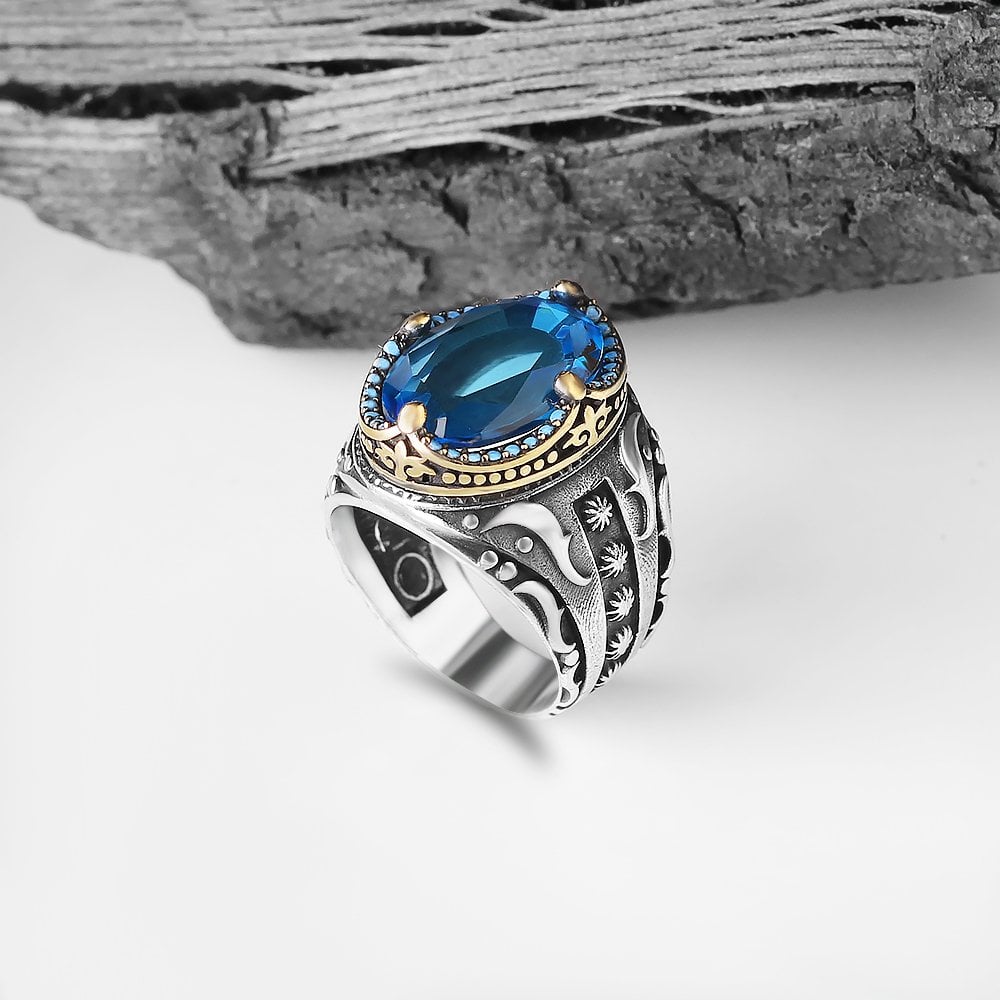 Blue Topaz Taşlı 925 Ayar Erkek Gümüş Yüzük